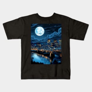 Full Blue Moon Over Portland Oregon on a Dark Background Kids T-Shirt